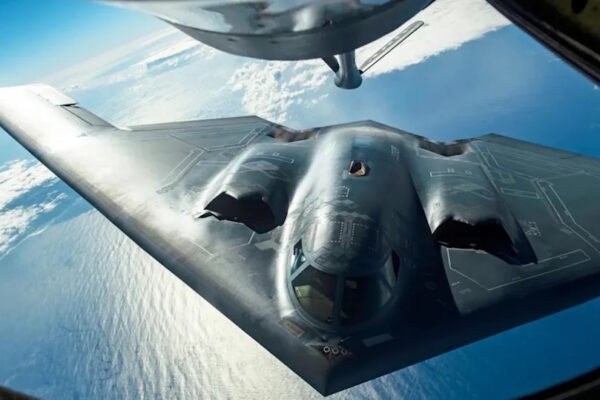 A stock picture of a B-2 bomber refueling in mid-air. <em>USAF</em>