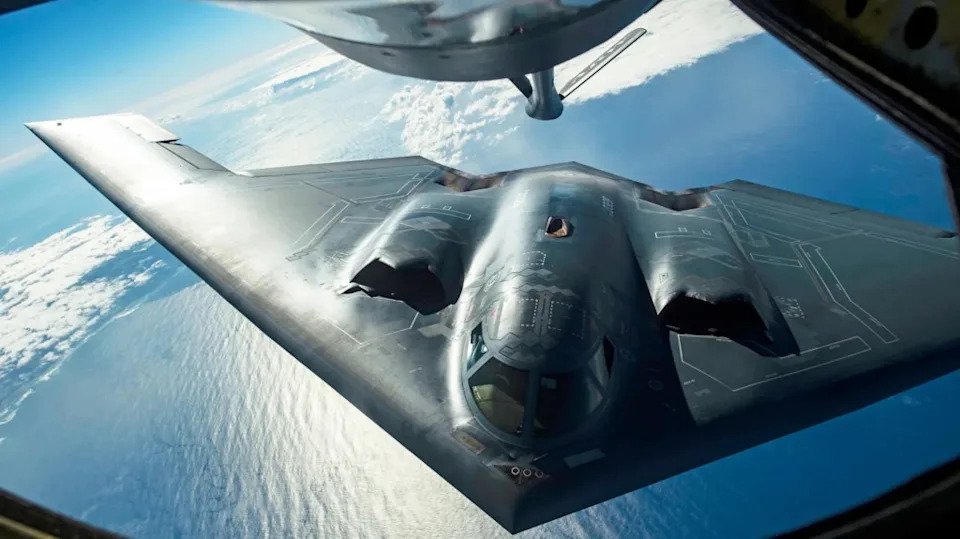 A stock picture of a B-2 bomber refueling in mid-air. <em>USAF</em>