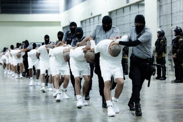Guards transfer alleged members of Tren de Aragua inside an El Salvadorian prison